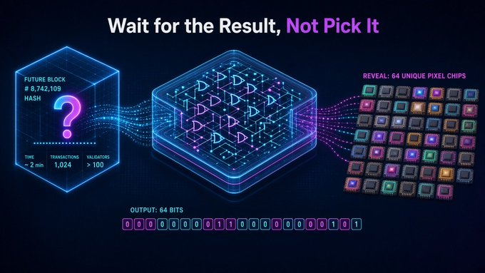A digital graphic illustrating a blockchain or cryptographic process with the text "Wait for the Result, Not Pick It". It shows a "FUTURE BLOCK # 8,742,109 HASH" with a question mark connecting to a central processing cube, which reveals "64 UNIQUE PIXEL CHIPS" and outputs 64 bits.