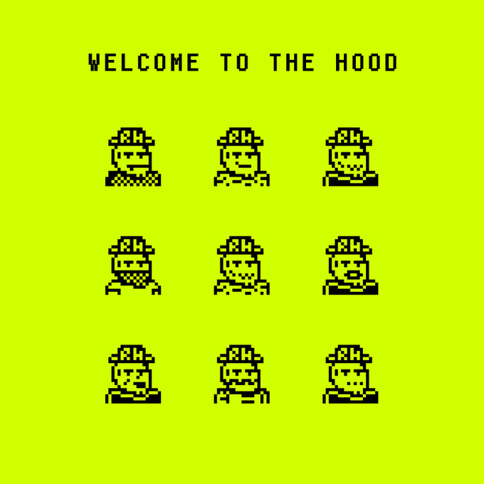 A pixel art image featuring a 3x3 grid of nine blocky character sprites wearing hats on a green background, with the title "WELCOME TO THE HOOD" at the top, representing the first fully on-chain pixel art collection on the Robinhood Chain.