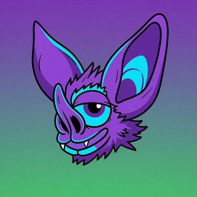 A stylized purple bat-like creature with large pointed ears, cyan blue accents, and a smirking expression with small fangs floats against a purple-to-green gradient background, visually representing the bullish, unshakeable confidence expressed in the caption about continuing to buy and hold the $HOODRAT token despite the dip.