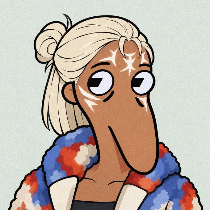 A digital illustration of a stylized character with blonde hair, large eyes, and prominent facial markings wearing a colorful patterned jacket.