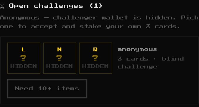 A pixelated game interface showing 'Open challenges (1)' with an 'Anonymous' challenger offering a blind 3-card challenge requiring '10+ items' to accept.