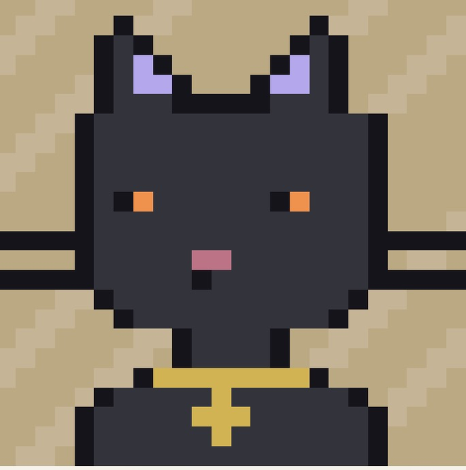 A pixel art portrait of a black cat with purple-tipped ears, orange eyes, a small pink nose, and a golden cross necklace against a beige backdrop.