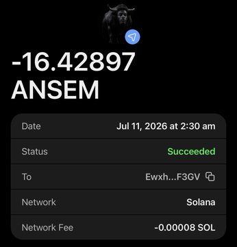 The image shows a transaction receipt for -16.42897 $ANSEM tokens sent to "Ewxh…F3GV" on the Solana network on July 11, 2026, at 2:30 am, confirming the successful distribution to supporters as mentioned in the post.