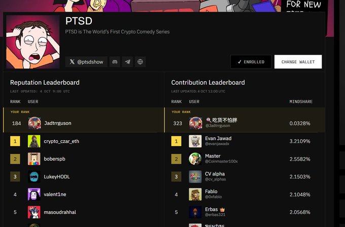 The image shows a leaderboard page for the "PTSD" crypto comedy series (@ptsdshow), displaying both a Reputation Leaderboard (where the user "Jadtriguson" is ranked 184) and a Contribution Leaderboard with a 0.0328% mindshare for that same user. The post relates to this by highlighting how the project is opening whitelist checking and noting that participants only needed to link their X (Twitter) accounts without providing wallet addresses, with the leaderboard interface showing options to enroll or change wallet—reflecting the ongoing onboarding process for the NFT project.