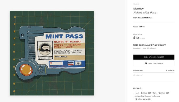 An NFT marketplace listing for 'Mannay - Naives Mint Pass' priced at $10, featuring a stylized pass illustration with 'Versé - 08/27/2024' text.