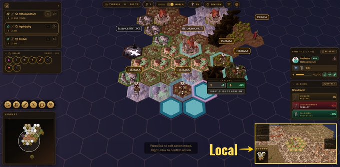 The image shows a video game screen with a map displayed on it. The game appears to be a strategy game set in a fantasy world where players can build their own settlements, cities or towns, and engage in strategic warfare against other players. There is an arrow pointing towards the "Local" section of the game menu, indicating that this is a specific feature within the game.