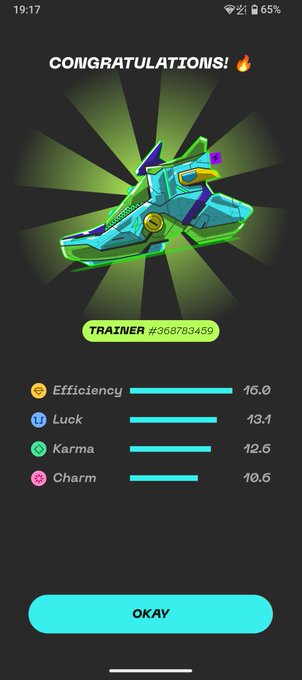 The image shows a phone screen with an app icon, which appears to be a shoe-related app or game. The app has a green background and features a cartoon character of a shoe. The text displayed on the screen congratulates users for completing a training session in the app.