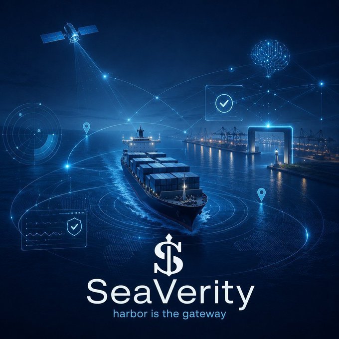 A dark blue futuristic digital artwork shows a container ship in a harbor with satellite, lightbulb, and checkmark icons, branded 'SeaVerity - harbor is the gateway.'