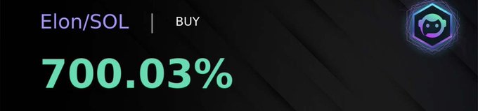The image displays a trading chart for "Elon/SOL" with a BUY signal and a notable 700.03% gain, reflecting the post's excitement about $Elon's massive upward price movement ("ripping"). The bold percentage visually emphasizes the strong bullish performance being celebrated.