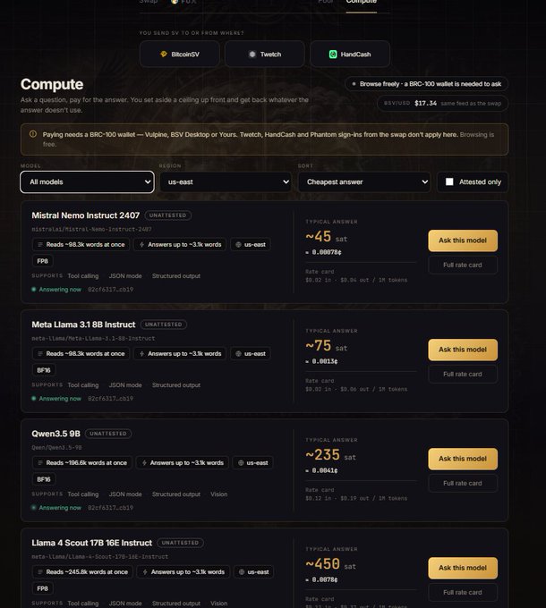 A screenshot of a 'Compute' marketplace interface showing AI model options like 'Mistral Nemo Instruct 2407', 'Meta Llama 3.1 8B Instruct', and 'Qwen3.5 9B' with their respective sat costs and rates.