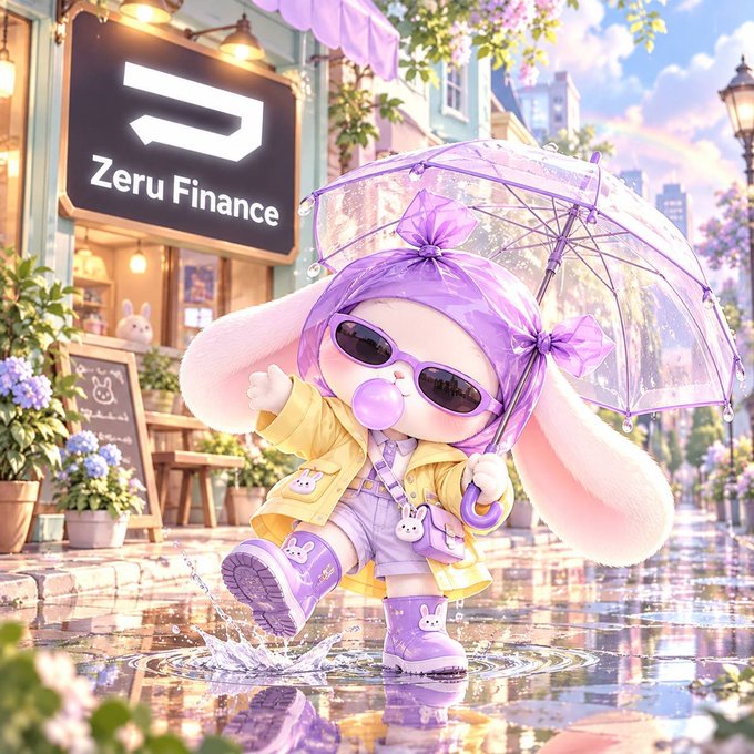 A colorful illustration of a purple-haired bunny-like character holding a transparent umbrella appears beside a storefront sign reading “Zeru Finance.”