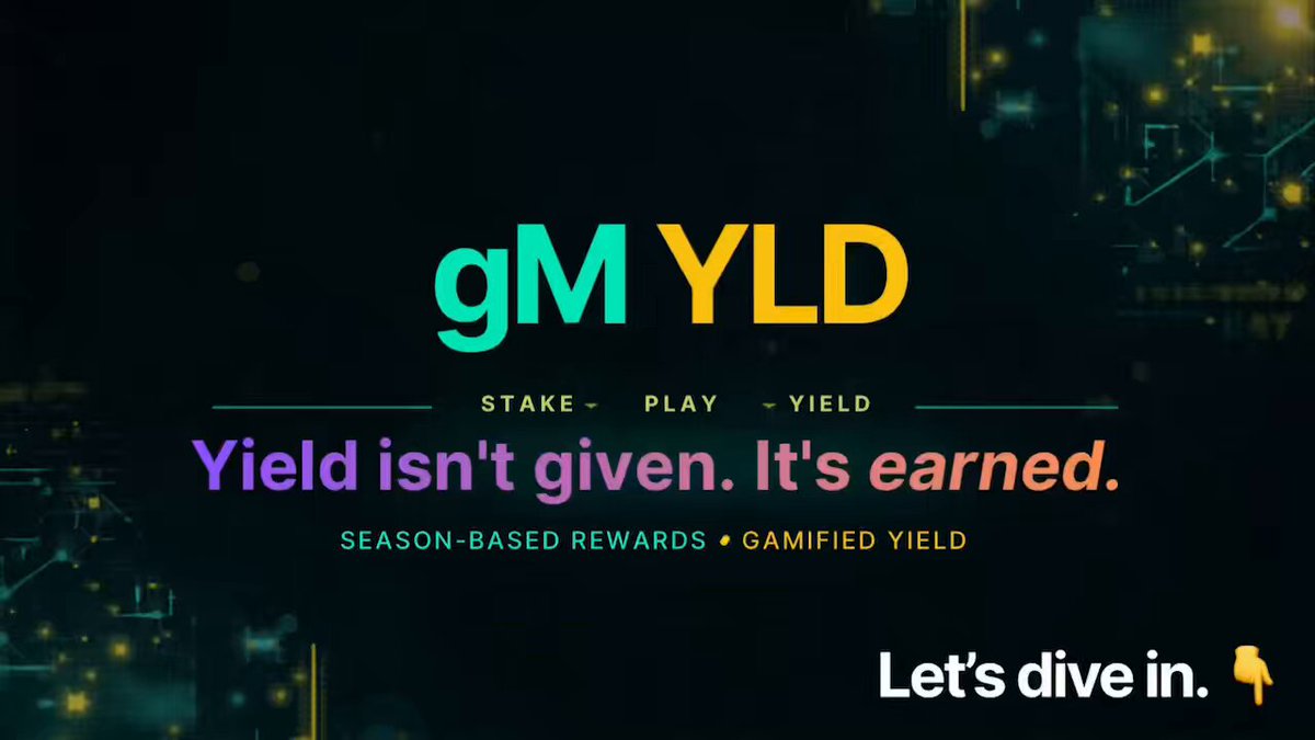 The image features a banner for GMYLD, which stands out against a dark background with bright colors. The banner displays text that reads "gm yld" and "Let's dive in". Below this, there are three lines of text providing information about GMYLD. One line states that GMYLD is a season-based rewards protocol designed to reward players for their skill and consistency. Another line explains the concept of yield farming, where players can earn more by playing games daily. The third line highlights the importance of loyalty in the game, as it contributes to higher rewards.