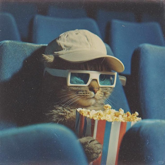 A cat wearing a white baseball cap and white-framed sunglasses sits in a movie theater seat eating popcorn from a red and white striped box.