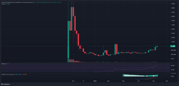 A TradingView candlestick chart showing XAU/USD (Martini Cap) on PumpSwap, with prices ranging around $4,000-$4,800, displaying RSI and MACD indicators at the bottom.