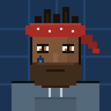 A pixel art portrait of a dark-skinned character with a beard, wearing a red headband and blue shirt, with orange eyes.
