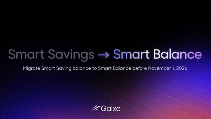 The image is a Galxe announcement banner displaying the text "Smart Savings → Smart Balance" with a subtitle instructing users to "Migrate Smart Saving balance to Smart Balance before November 1, 2026," set against a dark gradient background with purple and blue accents. It visually reinforces the post's message about the product transition from Smart Savings to Smart Balance, which will now be used for smoother payments across Galxe products without providing yield.