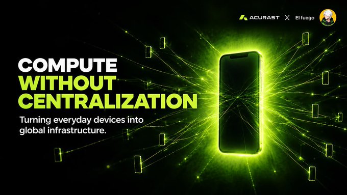A promotional banner for Acurast x El fuego reading 'COMPUTE WITHOUT CENTRALIZATION' with the subtitle 'Turning everyday devices into global infrastructure,' featuring a glowing smartphone connected to other mobile devices.