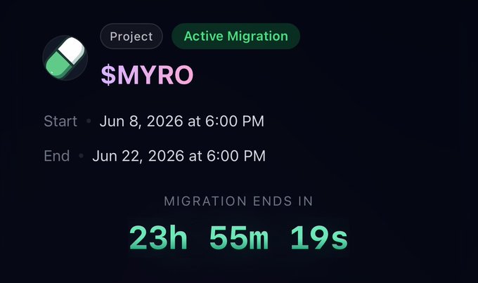 The image shows a black screen displaying information about migrating $MYRO tokens from one wallet to another. It features a pill designating $MYRO, which appears to be the main focus of the image. On the right side of the screen, there is text indicating that 24 hours remain until migration ends at 6:00 PM UTC next Saturday (June 22nd). The main body of information suggests that users should migrate their tokens by a snapshot at 6:00 PM tomorrow at a portal labeled "migrate.fun/mig184". There are details about the delay in launching the new $MYRO token and penalties associated with late migration.