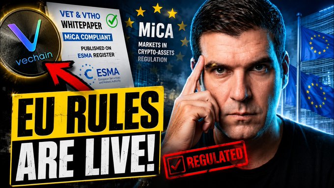 The image is a YouTube thumbnail featuring a man pointing to his temple, with prominent text reading "EU RULES ARE LIVE!" alongside logos for VeChain, ESMA, and MiCA (Markets in Crypto-Assets Regulation), plus a "REGULATED" stamp. It references the MiCA compliance announcement, visually emphasizing that VeChain (VET) has been included in the ESMA register, aligning with the post's message that VeChain made the cut under Europe's new crypto regulations.