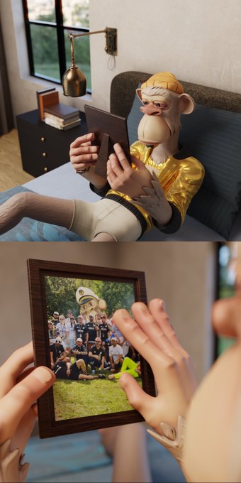 A 3D animated scene of a monkey character in a yellow shirt reading a tablet in bed, then holding up a framed group photo.