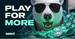 A bear wearing sunglasses and a gold chain holds a stack of money, with bold text "PLAY FOR MORE" and the MINT logo beside it. The image ties to the "Play on Mint" post by featuring the platform's branding alongside a flashy, money-focused mascot.