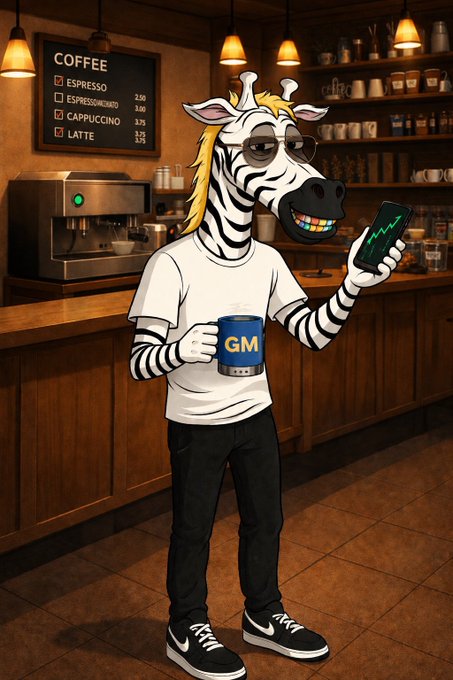 A cartoon anthropomorphic zebra wearing sunglasses, a white t-shirt, and black pants, holding a phone displaying a chart and a blue mug labeled 'GM', standing in a coffee shop with a menu showing Espresso, Espresso Doppio, Cappuccino, and Latte.