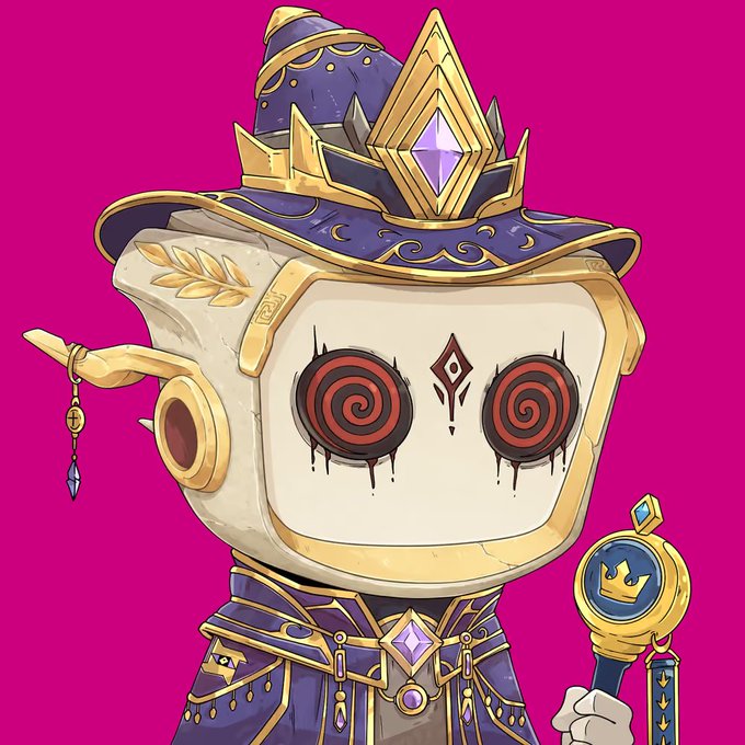 A stylized wizard-like character with a television monitor for a head, featuring hypnotic red spiral eyes and a third eye symbol, wears an ornate purple and gold robe and pointed hat adorned with purple gemstones while holding a matching scepter. The vibrant, cartoonish design directly corresponds to the post's reference to the "GEM Robe" and "GEM hat" NFT accessories, showcasing the character's gem-encrusted mystical outfit.