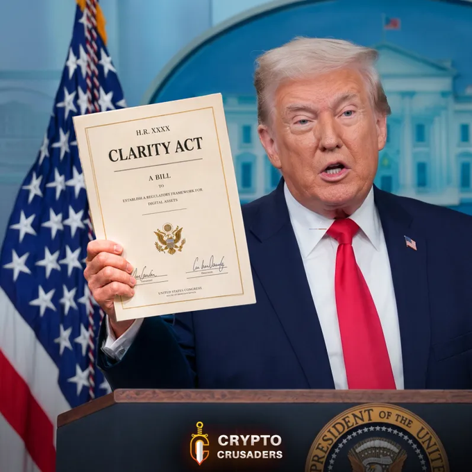 This image shows Donald Trump holding a document titled "CLARITY ACT," a bill to establish a regulatory framework for digital assets, aligning with the post's claim about the White House pushing for its passage.