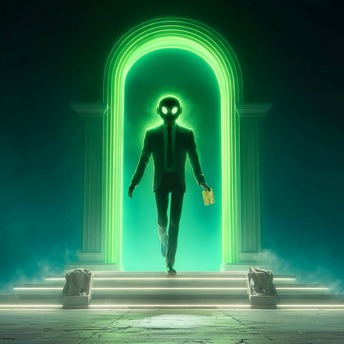 A glowing figure in a business suit with luminous eyes and a briefcase emerges from a neon-green arched portal framed by classical pillars, symbolizing the new virtual AI project arriving into the financial ecosystem. The surreal imagery visually represents the integration of Virtuals.io projects entering Robinhood Chain, with the suited entity embodying the fusion of AI agents and crypto trading.