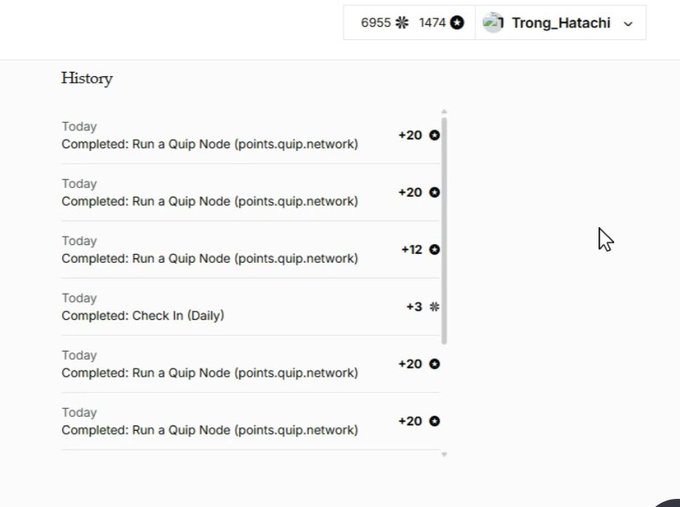 A rewards history page showing a user 'Trong_Hatachi' with 6955 points and 1474 tokens, listing multiple completed tasks like 'Run a Quip Node' and 'Check In (Daily)' earning small point increments.