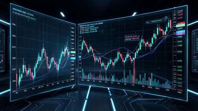A futuristic, dark-themed cryptocurrency trading setup with multiple glowing monitors displaying candlestick charts, price lines, and trading data.