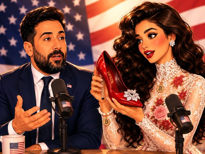 A cartoon-style digital artwork of a bearded man in a suit and a glamorous woman with long dark hair sitting at a table with microphones against an American flag backdrop; the woman holds a red high heel shoe labeled 'LOSS'.