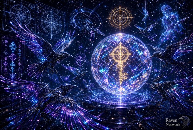 A mystical digital artwork featuring a glowing blue and purple sphere with a golden symbol, surrounded by dark, starry-winged ravens and cosmic designs, labeled 'Raven Network'.