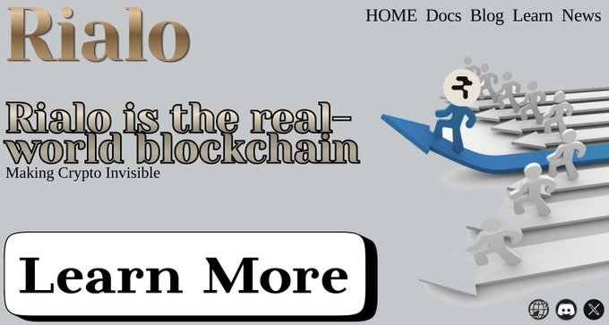 A webpage for 'Rialo' describing it as 'the real-world blockchain' with tagline 'Making Crypto Invisible', a 'Learn More' button, and navigation links including HOME, Docs, Blog, Learn, and News.