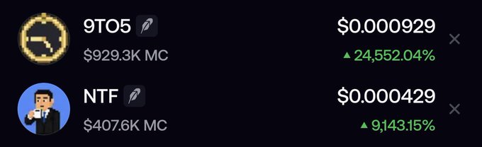A cryptocurrency market listing showing '9T0S' at $0.000929 with a 24,552.04% gain ($929.3K MC) and 'NTF' at $0.000429 with a 9,143.15% gain ($407.6K MC).