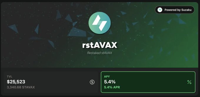 A finance interface shows 'rstAVAX Restaked stAVAX' powered by Suzaku, displaying a TVL of $25,523 (3,340.68 stAVAX) and an APY of 5.4%.
