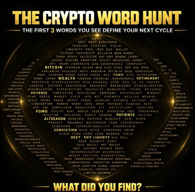 A gold-on-black "Crypto Word Hunt" graphic invites viewers to spot the first three words they notice among a dense circular cloud of crypto terms (such as Bitcoin, DeFi, Ethereum, Patience, FOMO, Altseason, Liquidity, and Halving), promising the chosen trio will define their next market cycle.