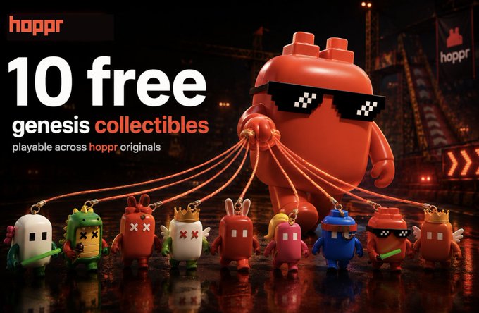 A hoppr promotional banner advertising "10 free genesis collectibles playable across hoppr originals," featuring an Android mascot with pixel sunglasses holding strings of small colorful collectible figures.