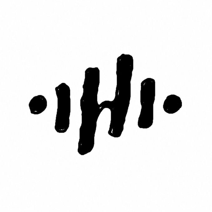 A hand-drawn black ink symbol or stylized lettering on a white background, featuring two dots flanking a central shape that resembles a distorted 'H' or 'W'.