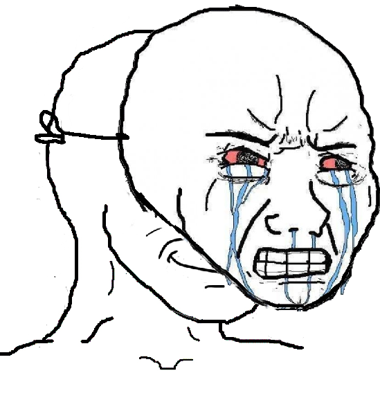A black-line drawing of a Wojak-style meme face crying blue tears with red, tired eyes and gritted teeth, expressing sadness or frustration.