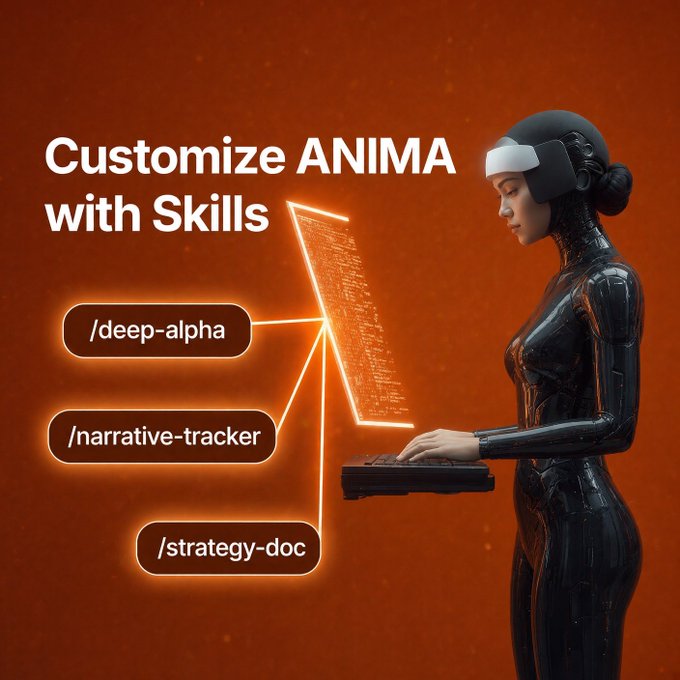 A digital illustration of a sleek black humanoid figure wearing a VR headset and typing on a keyboard, alongside the text 'Customize ANIMA with Skills' and labels like '/deep-alpha', '/narrative-tracker', and '/strategy-doc'.