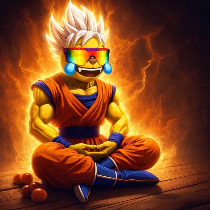An anime-style character with spiky white hair and yellow skin sits in a meditation pose, wearing rainbow sunglasses with animated crying-laughing emoji eyes, an orange martial arts gi, and surrounded by fiery orange energy, with four orange orbs on the wooden floor beside him.
