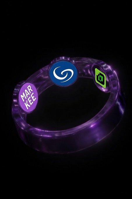 A glowing purple translucent ring on a black background with three embedded buttons displaying logos and the text 'MAR KEE'.