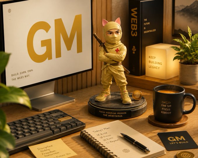 A desk setup with a monitor displaying 'GM' and 'Build. Earn. Own. The Web3 Way.', featuring a 'Web3 Ninja' figurine with a sword, a 'Keep Building Legacy' lamp, a mug reading 'One Sip Focus Reboot', and a notepad with 'Today's Plan: Build, Focus, Earn, Repeat'.