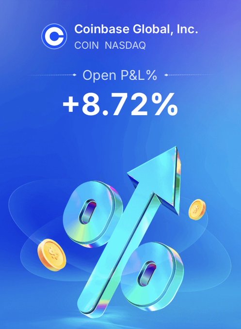 A promotional graphic displays Coinbase Global, Inc. (COIN NASDAQ) with an "Open P&L %" of +8.72% in bold white text, featuring a stylized 3D upward arrow and floating gold coins against a vibrant blue gradient background. The image visually reinforces the post's bullish outlook on Coinbase as a Bitcoin beta play with real revenue during the current bull cycle.