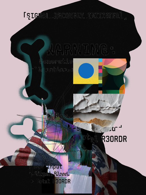 A collage-style graphic featuring a silhouette with warning text like 'GENERATIVE' and 'Total R30RDR', alongside images of fabric, clouds, and a British flag pattern.