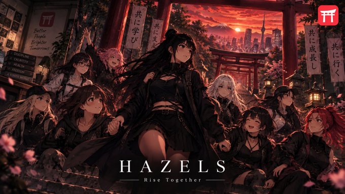 An anime-style promotional image titled 'HAZELS - Rise Together' depicting a group of female characters in dark clothing posed at a torii gate with a sunset cityscape and Mount Fuji in the background.