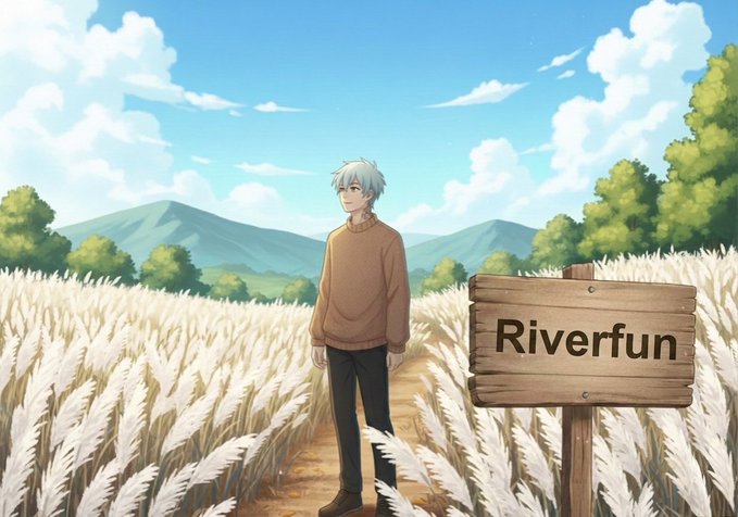 Anime-style illustration of a young man with silver hair in a tan sweater standing in a wheat field next to a wooden sign that reads 'Riverfun,' with mountains in the background.