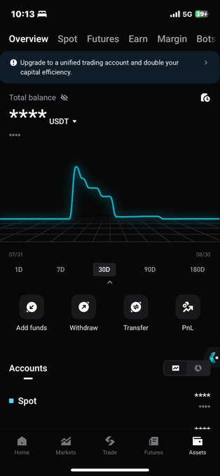 Mobile screenshot of a crypto trading app dashboard in dark mode, showing a balance in USDT and a 30-day chart with a sharp spike.