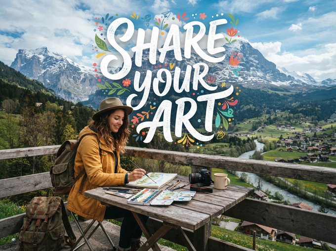 A woman in a yellow jacket and hat painting at an outdoor table with a mountain landscape backdrop, featuring decorative text "SHARE your ART" surrounded by floral illustrations.